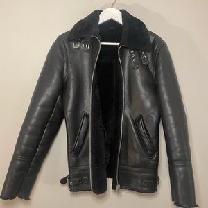 Zara Faux Leather Black Moto Wool Fur Collar Coat Size Small Zara